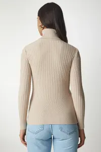 Happiness İstanbul Women's Latte Turtleneck Ribbed Basic Sweater - Image 5