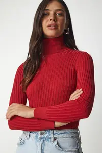 Happiness İstanbul Women's Red Turtleneck Ribbed Basic Sweater - Image 2
