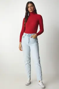 Happiness İstanbul Women's Red Turtleneck Ribbed Basic Sweater - Image 3