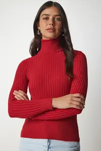 Happiness İstanbul Women's Red Turtleneck Ribbed Basic Sweater - Image 4