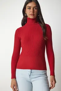 Happiness İstanbul Women's Red Turtleneck Ribbed Basic Sweater - Image 5