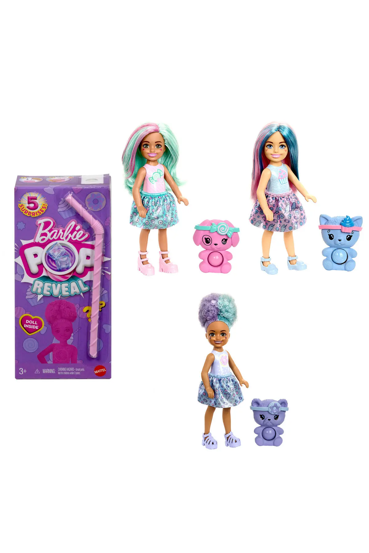 Barbie 5 different surprises including Pop Reveal™ Doll Series, Snack Series doll and animal figure JFY01