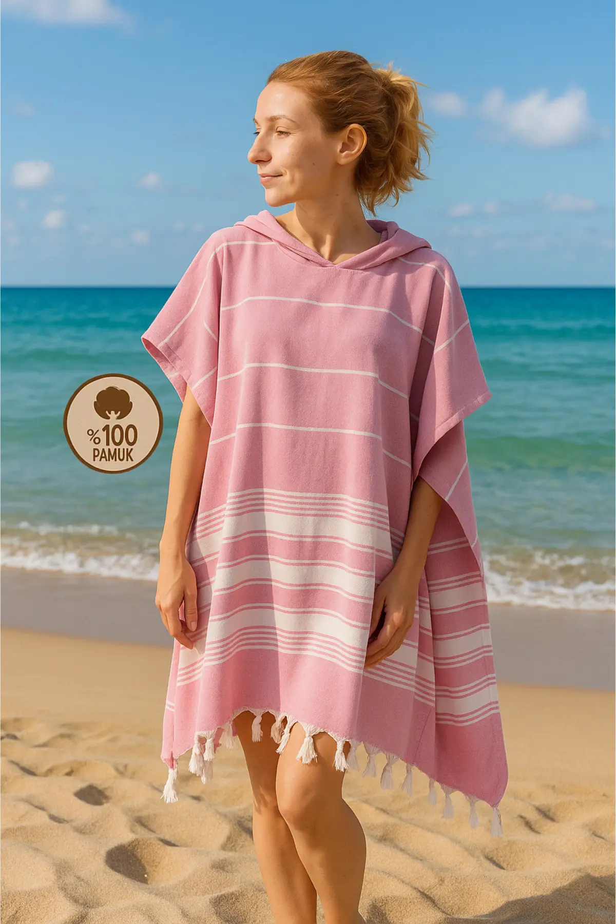 Formeya Cotton Adult Peshtemal Poncho Bathrobe Beach Towel Pink