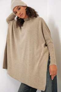 Bigdart 15783 slit Poncho Sweater - A.Beige