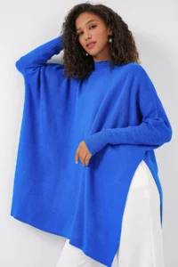 Bigdart 15783 slit Poncho Sweater - A.Saks BLUE BLUE