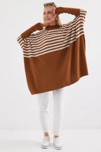 Bigdart 15783 slit Poncho Sweater - Light Brown - Image 2