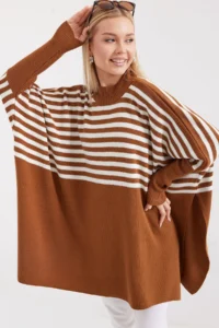 Bigdart 15783 slit Poncho Sweater - Light Brown - Image 4
