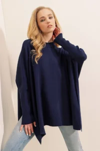 Bigdart 15783 slit Poncho Sweater - NAVY BLUE