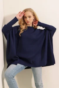 Bigdart 15783 slit Poncho Sweater - NAVY BLUE - Image 4
