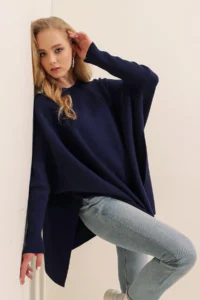 Bigdart 15783 slit Poncho Sweater - NAVY BLUE - Image 5