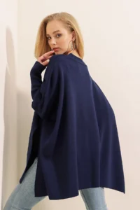 Bigdart 15783 slit Poncho Sweater - NAVY BLUE - Image 6