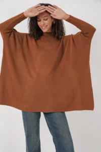 Bigdart 15783 slit Poncho Sweater - Tan
