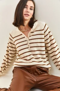Bianco Lucci Women's Beige Brown Collar Buttonhole Crew Neck Striped Knitwear Sweater