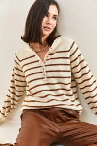 Bianco Lucci Women's Beige Brown Collar Buttonhole Crew Neck Striped Knitwear Sweater - Image 2