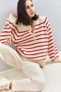 Bianco Lucci Women's Beige Red Collar Buttonhole Crew Neck Striped Knitwear Sweater