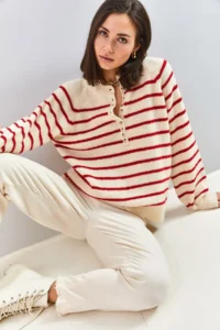 Bianco Lucci Women's Beige Red Collar Buttonhole Crew Neck Striped Knitwear Sweater - Image 2