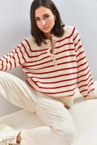 Bianco Lucci Women's Beige Red Collar Buttonhole Crew Neck Striped Knitwear Sweater - Image 3
