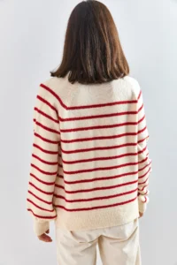 Bianco Lucci Women's Beige Red Collar Buttonhole Crew Neck Striped Knitwear Sweater - Image 4