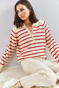 Bianco Lucci Women's Beige Red Collar Buttonhole Crew Neck Striped Knitwear Sweater - Image 5