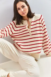 Bianco Lucci Women's Beige Red Collar Buttonhole Crew Neck Striped Knitwear Sweater - Image 6