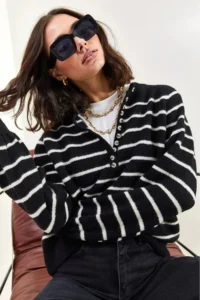 Bianco Lucci Women's Black Buttoned Collar Crew Neck Striped Knitwear Sweater - Image 6