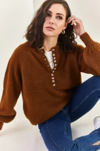 Bianco Lucci Women's Brown Collar Buttonhole Crew Neck Striped Knitwear Sweater