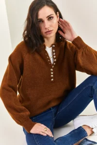 Bianco Lucci Women's Brown Collar Buttonhole Crew Neck Striped Knitwear Sweater - Image 2