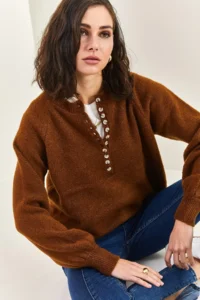 Bianco Lucci Women's Brown Collar Buttonhole Crew Neck Striped Knitwear Sweater - Image 3