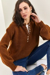 Bianco Lucci Women's Brown Collar Buttonhole Crew Neck Striped Knitwear Sweater - Image 4