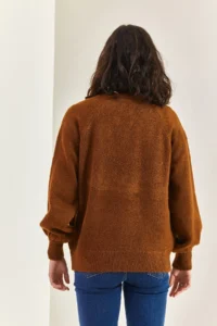 Bianco Lucci Women's Brown Collar Buttonhole Crew Neck Striped Knitwear Sweater - Image 5