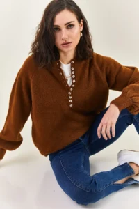 Bianco Lucci Women's Brown Collar Buttonhole Crew Neck Striped Knitwear Sweater - Image 6