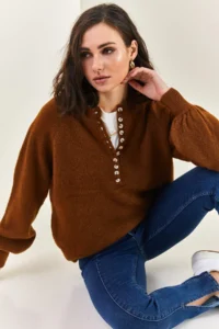 Bianco Lucci Women's Brown Collar Buttonhole Crew Neck Striped Knitwear Sweater - Image 7