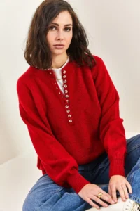Bianco Lucci Women's Claret Red Collar Buttonhole Crew Neck Striped Knitwear Sweater - Image 2