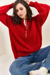 Bianco Lucci Women's Claret Red Collar Buttonhole Crew Neck Striped Knitwear Sweater - Image 3