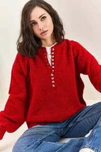 Bianco Lucci Women's Claret Red Collar Buttonhole Crew Neck Striped Knitwear Sweater - Image 4