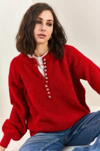 Bianco Lucci Women's Claret Red Collar Buttonhole Crew Neck Striped Knitwear Sweater - Image 5