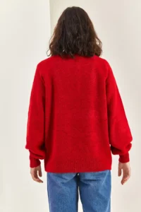 Bianco Lucci Women's Claret Red Collar Buttonhole Crew Neck Striped Knitwear Sweater - Image 6