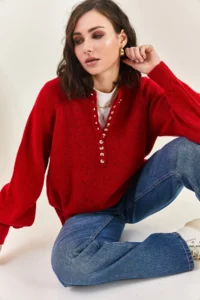 Bianco Lucci Women's Claret Red Collar Buttonhole Crew Neck Striped Knitwear Sweater - Image 7