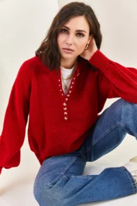 Bianco Lucci Women's Claret Red Collar Buttonhole Crew Neck Striped Knitwear Sweater - Image 8