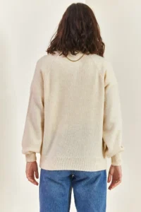 Bianco Lucci Women's Cream Collar Buttonhole Crew Neck Striped Knitwear Sweater - Image 2