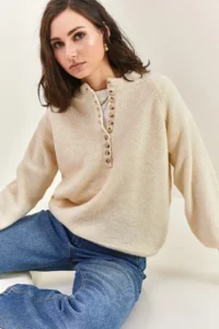 Bianco Lucci Women's Cream Collar Buttonhole Crew Neck Striped Knitwear Sweater - Image 3