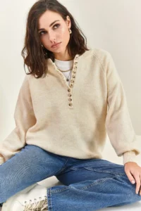 Bianco Lucci Women's Cream Collar Buttonhole Crew Neck Striped Knitwear Sweater - Image 4