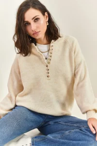 Bianco Lucci Women's Cream Collar Buttonhole Crew Neck Striped Knitwear Sweater - Image 5