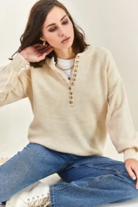 Bianco Lucci Women's Cream Collar Buttonhole Crew Neck Striped Knitwear Sweater - Image 6