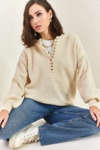 Bianco Lucci Women's Cream Collar Buttonhole Crew Neck Striped Knitwear Sweater - Image 7