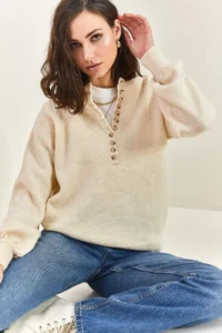 Bianco Lucci Women's Cream Collar Buttonhole Crew Neck Striped Knitwear Sweater - Image 8