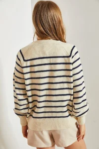 Bianco Lucci Women's Ecru Navy Blue Buttonhole Crew Neck Striped Knitwear Sweater - Image 6