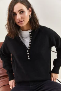 Bianco Lucci Women's Matte Black Buttonhole Crew Neck Striped Knitwear Sweater - Image 4