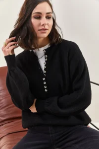 Bianco Lucci Women's Matte Black Buttonhole Crew Neck Striped Knitwear Sweater - Image 5
