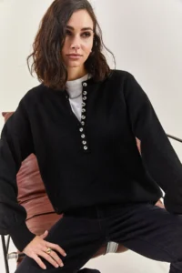Bianco Lucci Women's Matte Black Buttonhole Crew Neck Striped Knitwear Sweater - Image 6